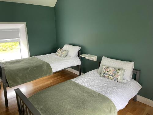 two beds in a room with green walls at Old lake house in Gortatlea