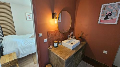 a bathroom with a sink and a mirror at Ker Bellevue, chambre Dinan in Lanvallay