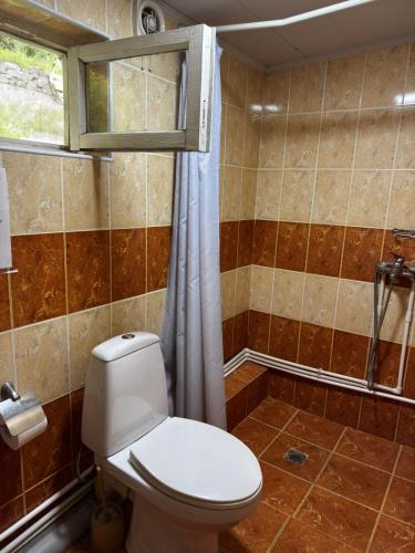 a bathroom with a white toilet and a window at IRIS B&B in DEBED CANYON in Alaverdi
