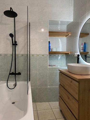 a bathroom with a shower and a sink and a tub at Casa Jazmin in Alora