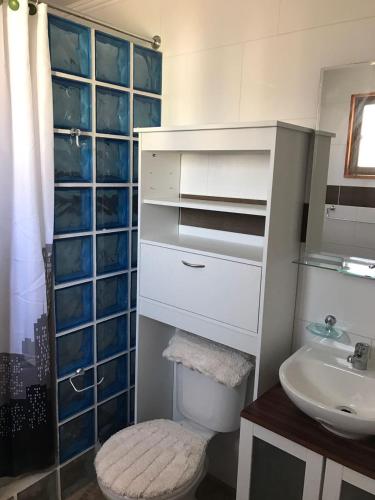 a bathroom with a sink and a toilet and a mirror at Residencial Victoria Said in Linares