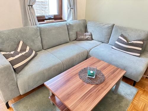 a living room with a couch and a coffee table at Ferienwohnung mit Kamin - Hunde willkommen in Falkenstein