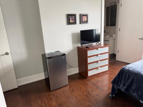 a bedroom with a television and a dresser with a bed at Modern House in Toronto in Toronto