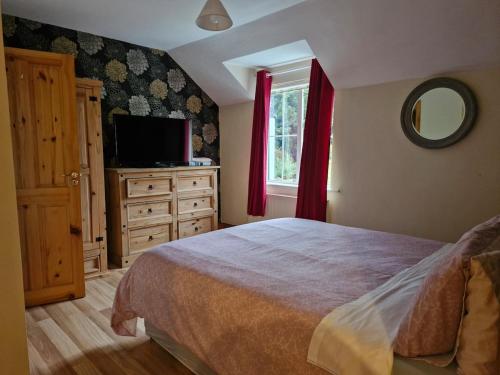 a bedroom with a bed and a window and a television at Apartment in Coolea in Bard Inch
