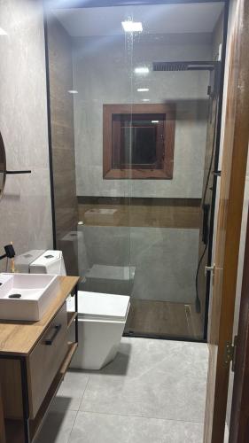 ein Badezimmer mit Dusche, Toilette und Waschbecken in der Unterkunft Refúgio Gamboa in São Francisco do Sul