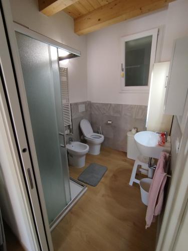 a bathroom with a shower and a toilet and a sink at Da Zia Vecchia 1 in Cervia