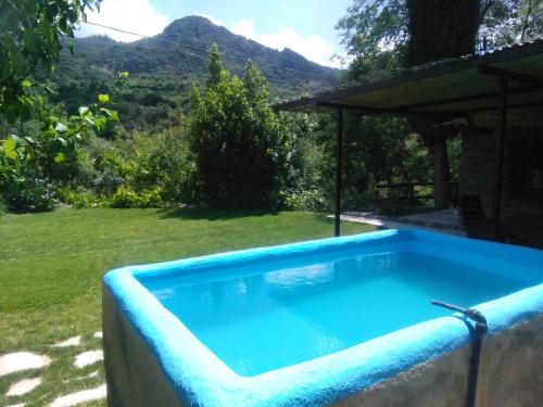 a large blue swimming pool in a yard at Comfortable lakeside house! in Güéjar-Sierra