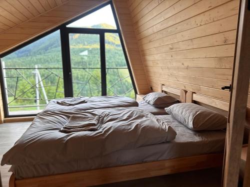 two beds in a room with a large window at Barnhouse VOLOVETS in Volovets