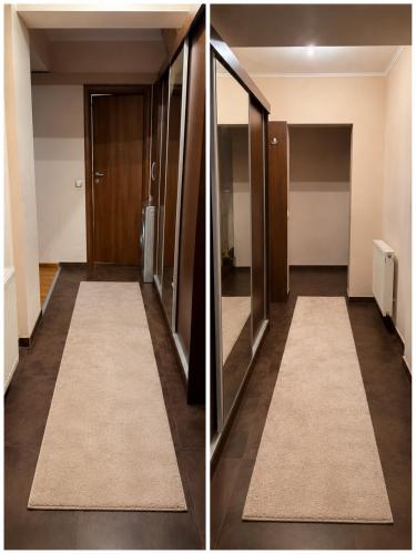 two pictures of an empty hallway with a door at King Apartment Bucharest in Dudu