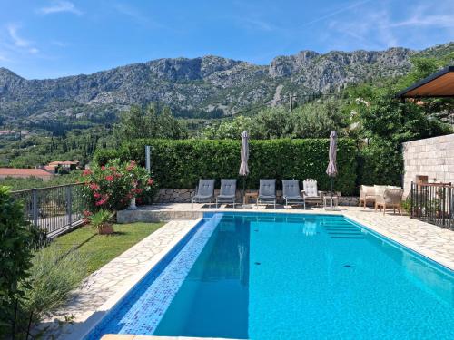 a swimming pool with mountains in the background at Villa Casa Belvedere near Dubrovnik in Gruda