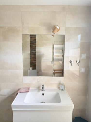 a bathroom with a white sink and a mirror at Pokoje przy rzece in Supraśl