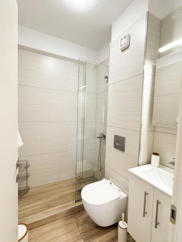 a bathroom with a toilet and a sink and a shower at Sea Shell Apartment - Paralia Ofriniou, Swimming pool, Starlink WIFI in Orfánion