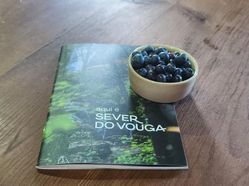 a book with a bowl of blueberries on a table at Casa da Maria Gata in Sever do Vouga