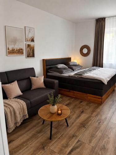 a living room with a bed and a couch at Apartmán u Fary-Harmony in Adršpach