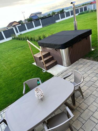 a table and chairs with a picnic table and a grill at Casa Bella in Sînpetru