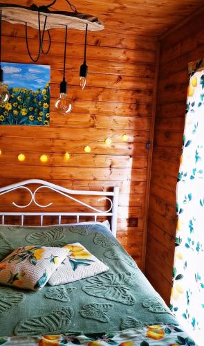 a bedroom with a bed in a wooden cabin at Kazbegi Mountain Cottage MTA-Shi in Kazbegi