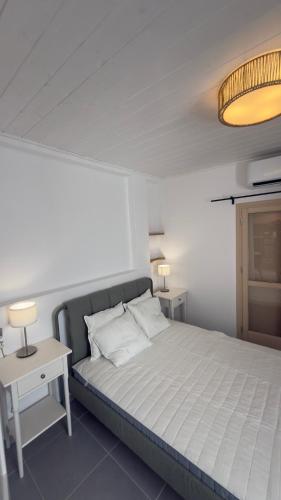 a bedroom with a bed and two tables with lamps at Amerissas studios 4 in Skiros
