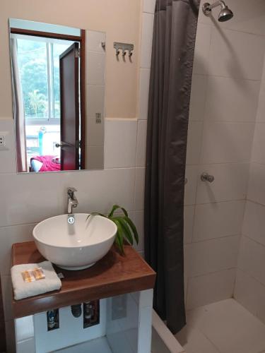 a bathroom with a white sink and a shower at Haylli Café Oro Hotel in Santa Teresa