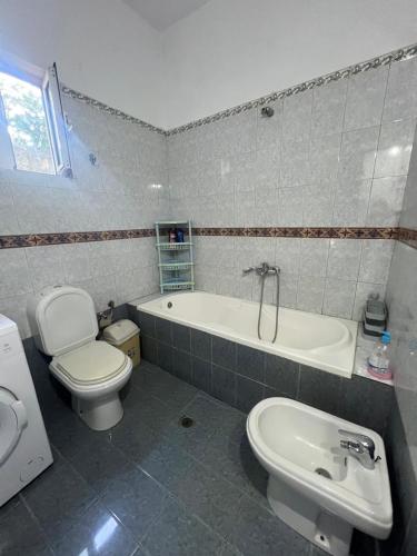 a bathroom with a toilet and a tub and a sink at Villa Victoria in Gjirokastër