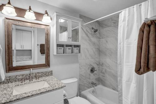 a bathroom with a toilet and a sink and a mirror at Gondola Heights Hideaway in Steamboat Springs