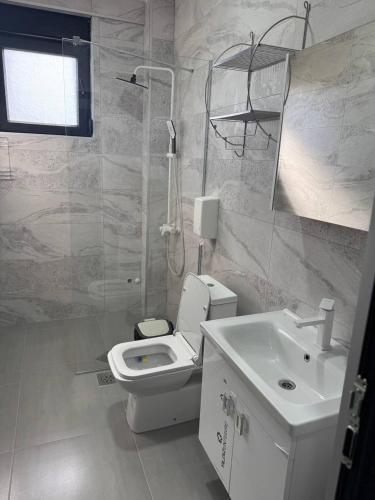 a white bathroom with a toilet and a sink at Bran Apartments in Star Dojran
