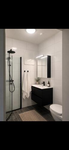 ein weißes Badezimmer mit Waschbecken und Toilette in der Unterkunft Centrumrooms in Mosjøen