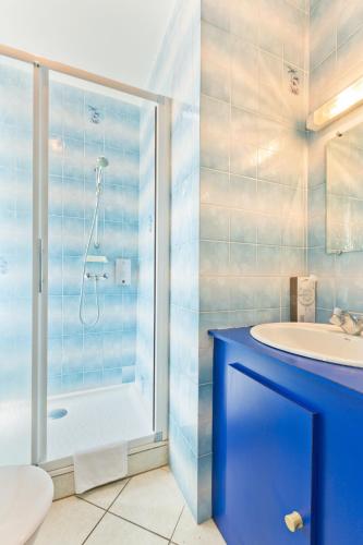 a blue bathroom with a shower and a sink at Hôtel Restaurant Au Pont de Raffiny in Saint-Romain