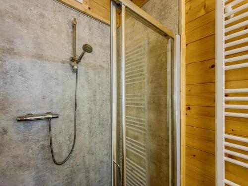 a shower with a glass door in a bathroom at Rattendorf 15B in Rattendorf