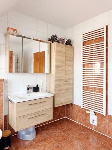 a bathroom with a sink and a mirror at Am Berg und See in Stemwede