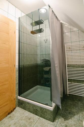 a shower with a glass door in a bathroom at Apartment Smoljanac 14979a in Smoljanac