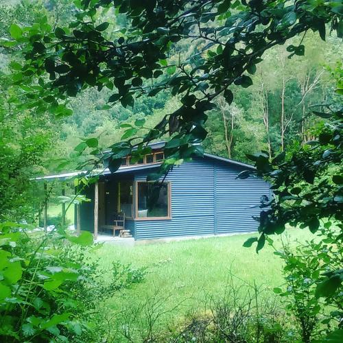 a blue house in the middle of a yard at Cabaña La Sierra de Cochamó in Cochamó