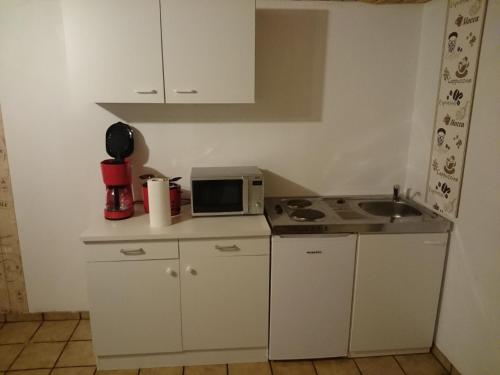 a small kitchen with a microwave and a sink at Ferienwohnung An der Loreley in Bornich