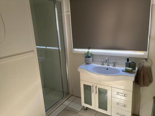a bathroom with a sink and a shower at Mimis Cottage in Cohuna