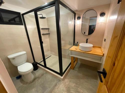 a bathroom with a shower and a toilet and a sink at Suerte Bella in San Carlos
