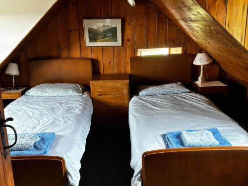 two beds in a room with wooden walls at Strathnoon in Inverness