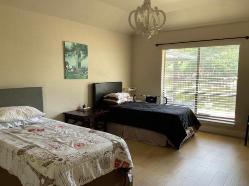 a bedroom with two beds and a window and a chandelier at Abundant Life in Arlington