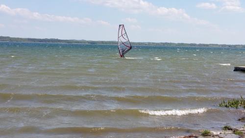 a wind sail in the middle of a body of water at Bungalows am Grimnitzsee in Joachimsthal