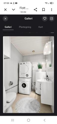 a small bathroom with a refrigerator and a sink at Villa Myklebostad in Sand