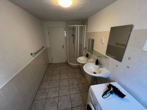 a bathroom with a toilet and a sink and a shower at Schwalbe in Saal