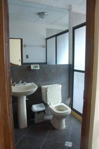a bathroom with a toilet and a sink at Hostal Tukos La Casa Real in Potosí