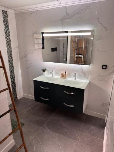 a bathroom with a sink and a mirror at Villa Tchama in Salazie