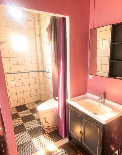 a bathroom with a toilet and a sink and a mirror at Pont NongKhiaw in Nongkhiaw