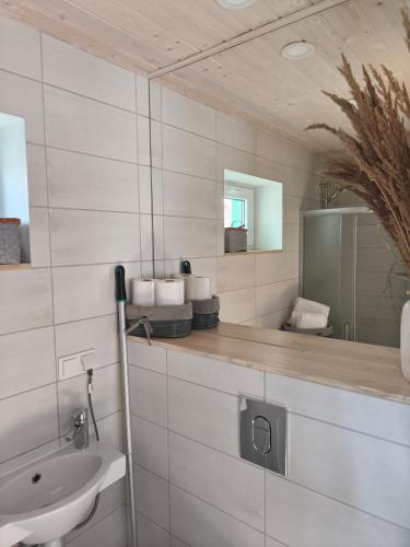ein Badezimmer mit Waschbecken und Spiegel in der Unterkunft Vabadus in Kärdla