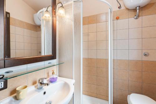 a bathroom with a sink and a shower at Villa Anna con giardino in Flussio