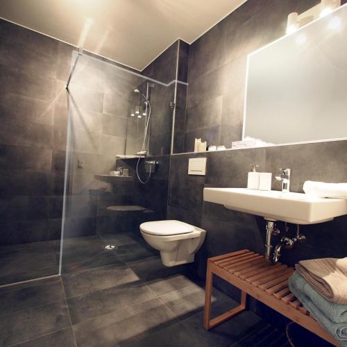 a bathroom with a toilet and a sink and a shower at Apartments Bogner in Marktbergel