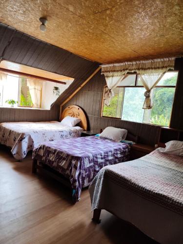 a bedroom with two beds and two windows at Yanesh Haus habitaciones Oxapampa in San Antonio