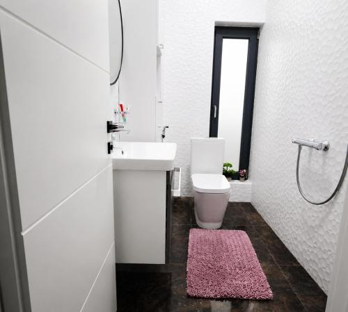 a white bathroom with a sink and a toilet at Grey House in Bucharest