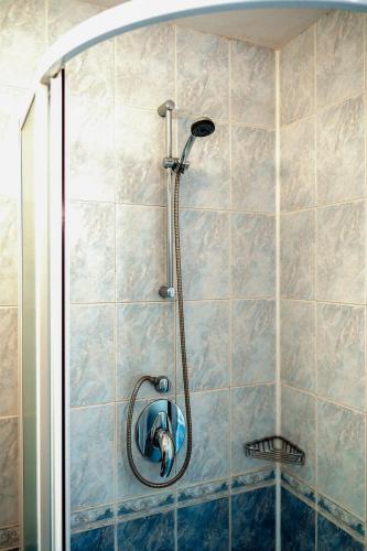 eine Dusche mit Duschkopf im Badezimmer in der Unterkunft Dionis Hotel in Warna