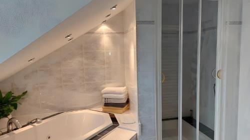 a bathroom with a bath tub and a shower at Villa-Mainaue in Maineck