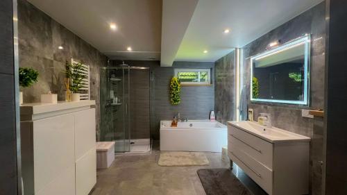 a bathroom with a sink and a tub and a shower at Siedlisko Wyżne in Wyżne
